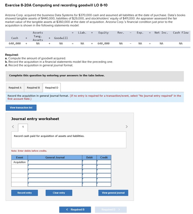 the date of purchase. Data's books showed tangible assets of $440,000, liabilities