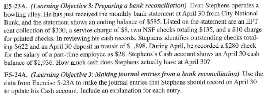  E5-23A. (Learning Objective 3: Preparing a bank reconciliation) Evan Stephens operates