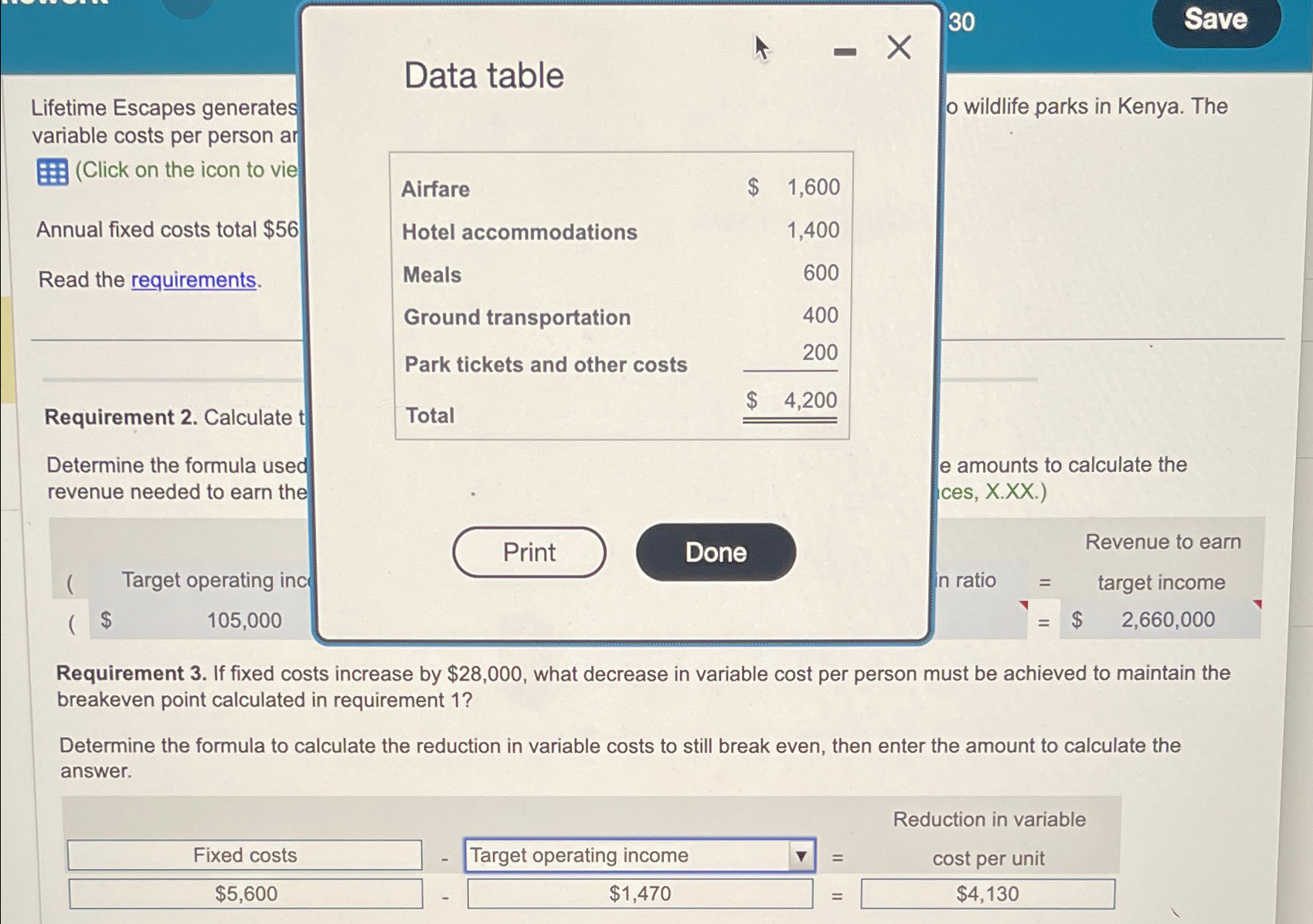  Data table Lifetime Escapes generates variable costs per person ar (Click