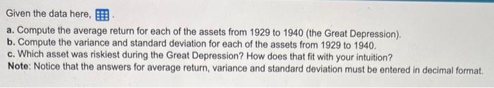  Given the data here, a. Compute the average return for each