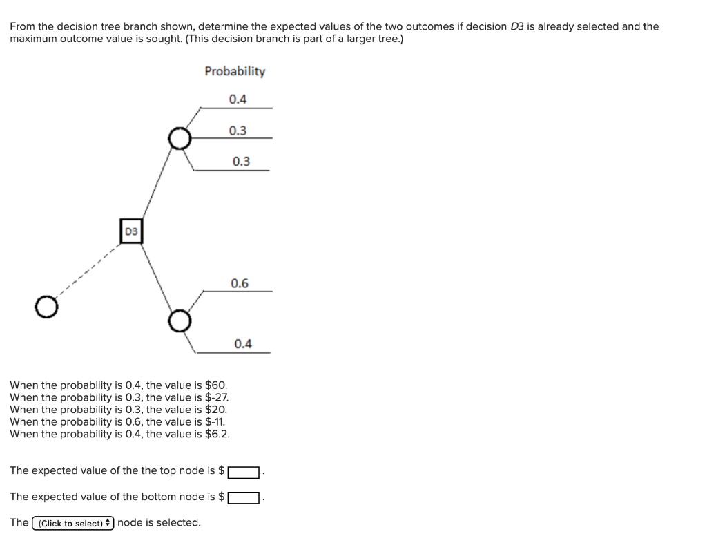  From the decision tree branch shown, determine the expected values of