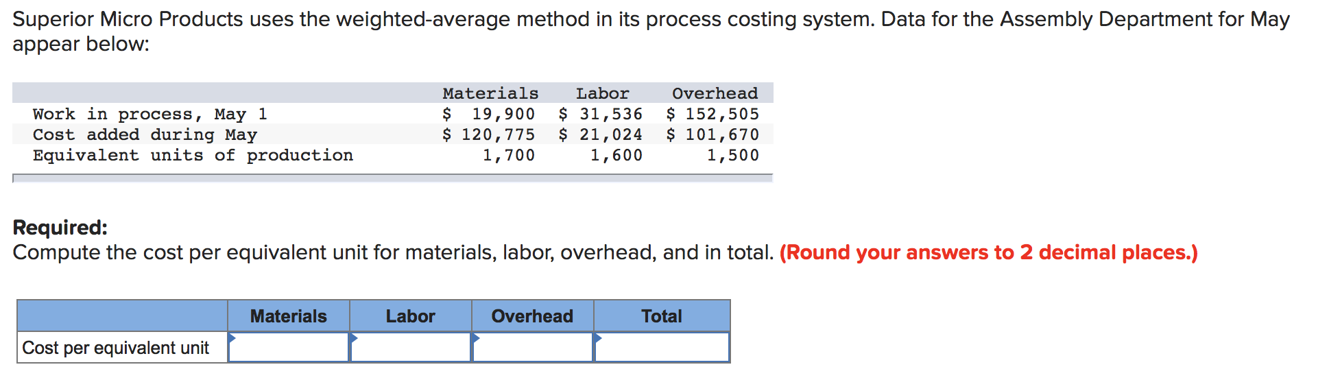 costing system. The following data are available for one department for October: