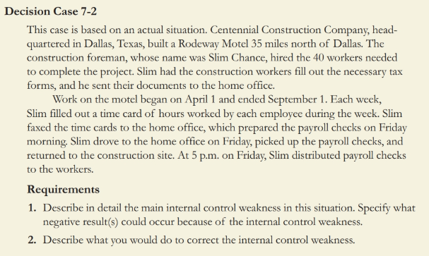  Decision Case 7-2 This case is based on an actual situation.