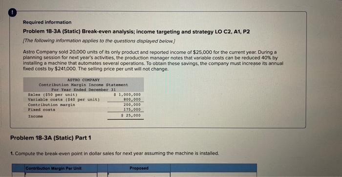  Required information Problem 18-3A (Static) Break-even analysis; income targeting and strategy
