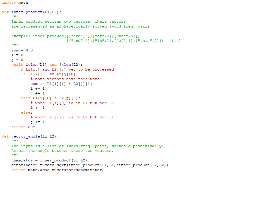 Python: Modifying inner_product function to include domain, modifying Vector_angle to include intersection.