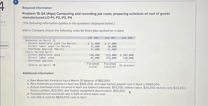  Required information Problem 15-2A (Algo) Computing and recording job costs; preparing