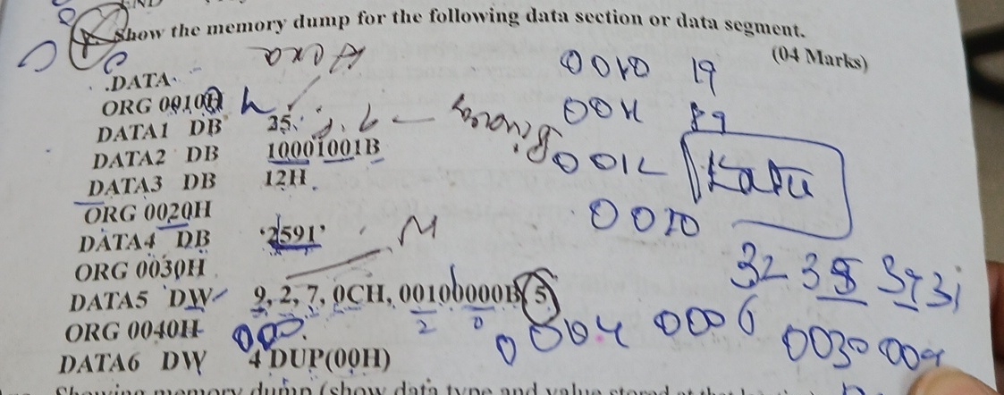  show the memory dump for the following data segment 