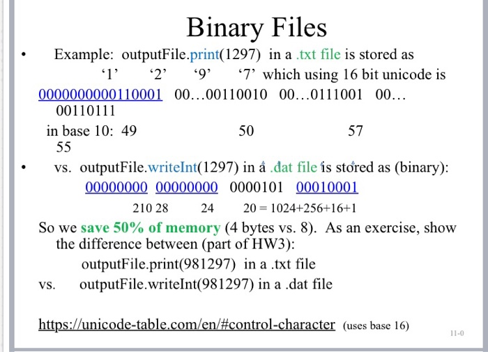  Binary Files Example: outputFile.print(1297) in a .txt file is stored as