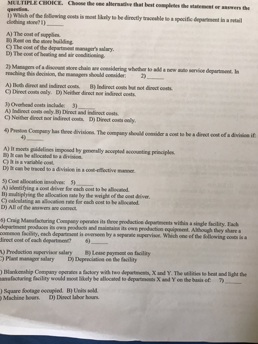  MULTIPLE CHOICE. Choose the one alternative that best completes the statement