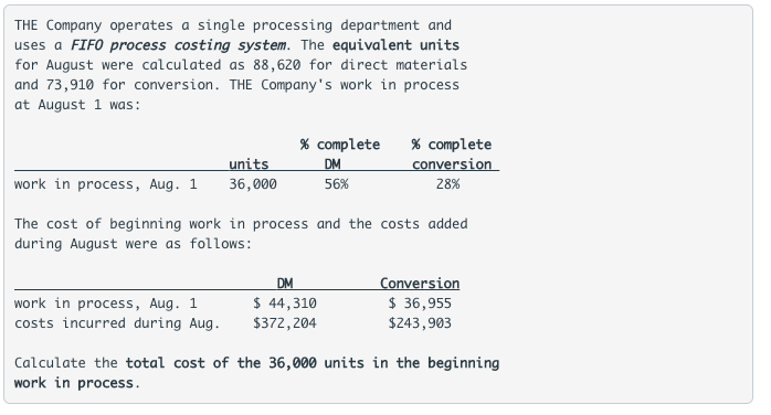THE Company operates a single processing department and uses a FIFO