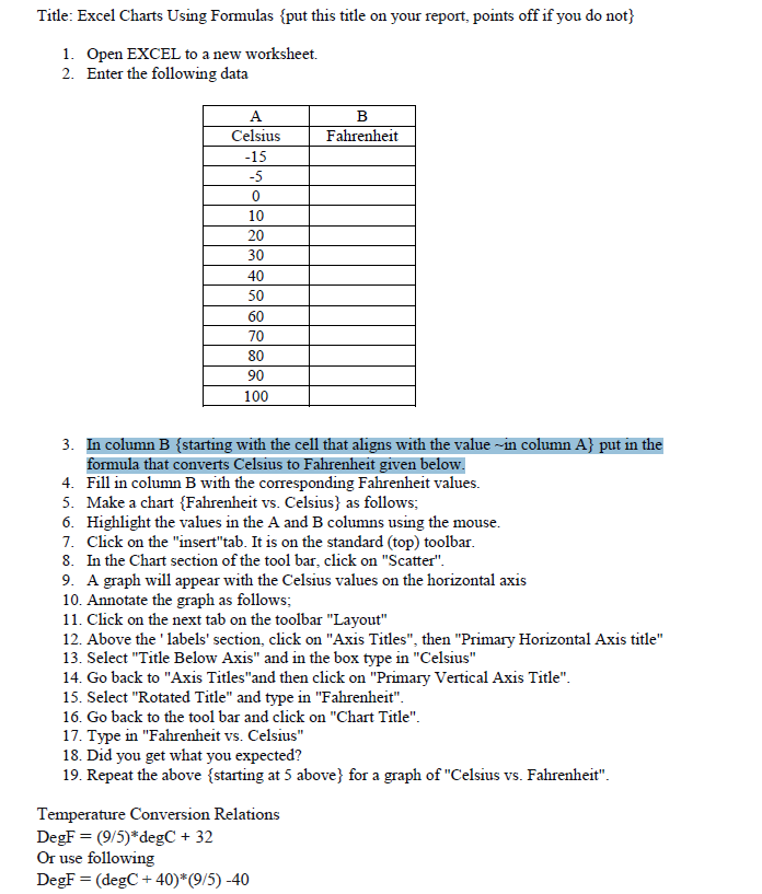  Title: Excel Charts Using Formulas \{put this title on your report,