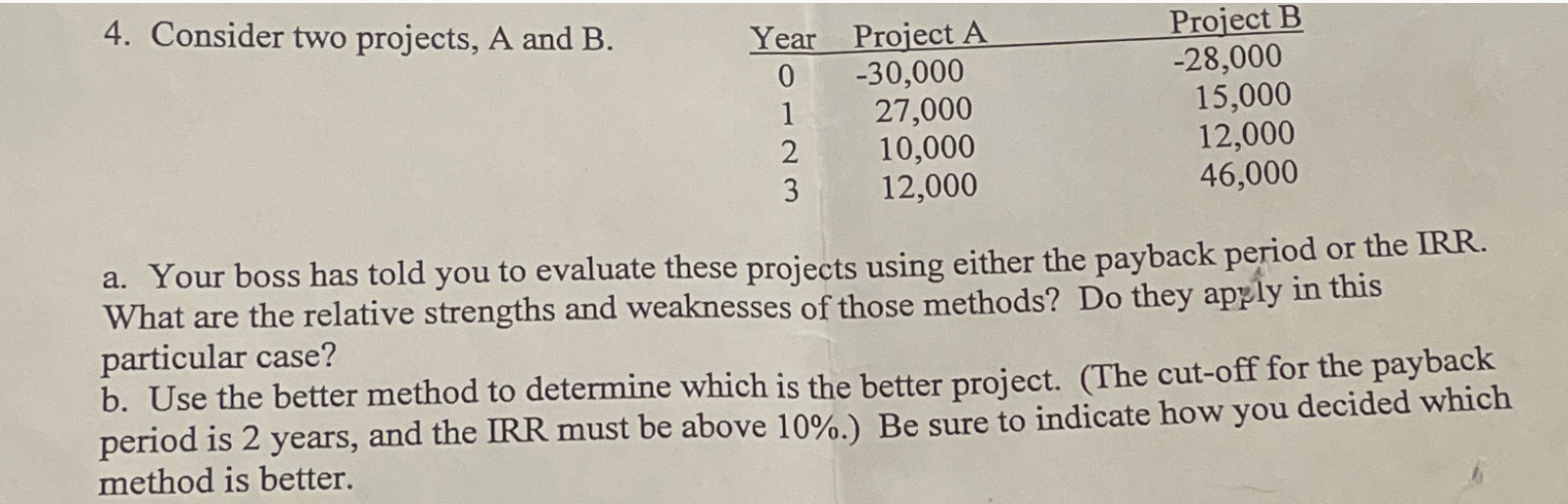  Consider two projects, A and B. a. Your boss has told