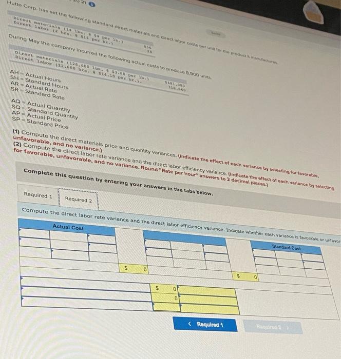 21 Hutto Corp. has set the following standard direct materials and direct