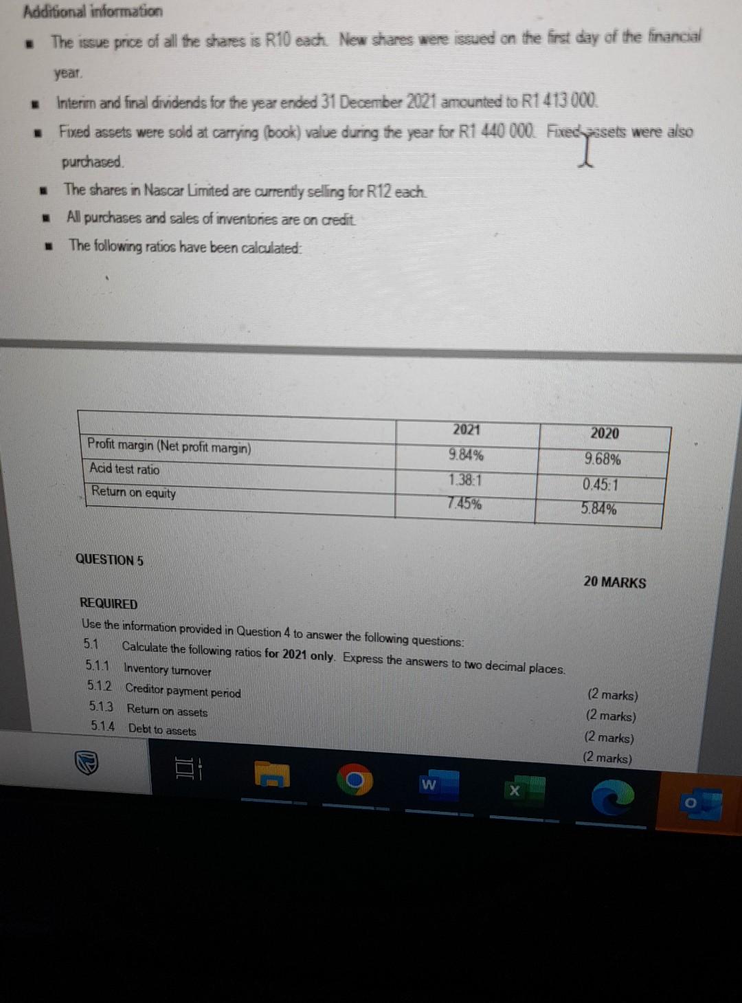 5.1.2 Creditor payment period (2marks) 5.1.3 Return on assets (2 marks) 5.1.4