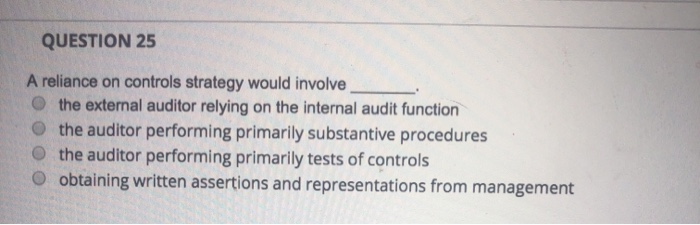  QUESTION 25 A reliance on controls strategy would involve the external