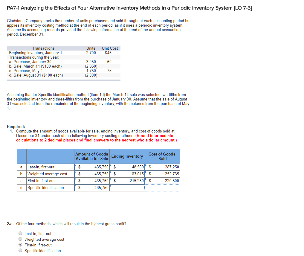 Need answer for d. Specific identification, please give me the answer