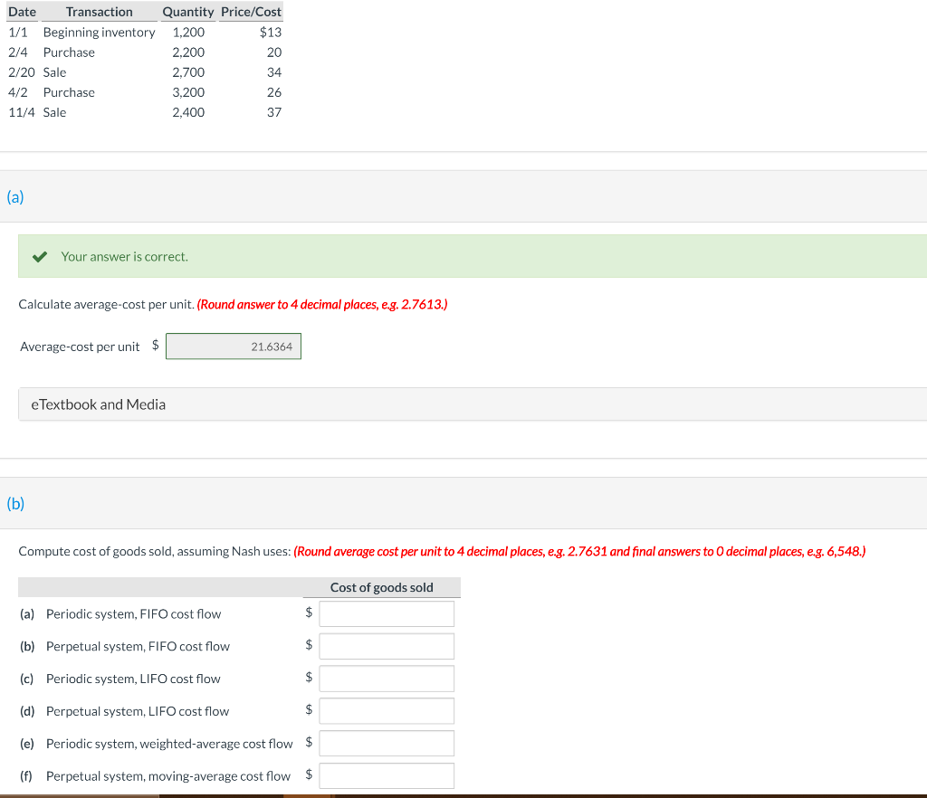 Please show steps Date Transaction 1/1 Beginning inventory 2/4 Purchase 2/20 Sale