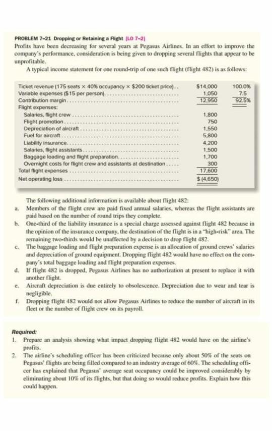 PROBLEM 7-21 Dropping or Retaining a Flight |LO 7-21 Profits have