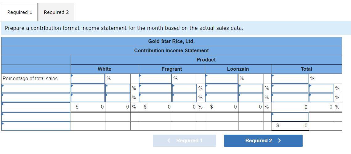 Required 1 Required 2 Prepare a contribution format income statement for