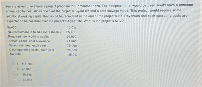  You are asked to evaluate a project proposal for Edmonton Plaza.