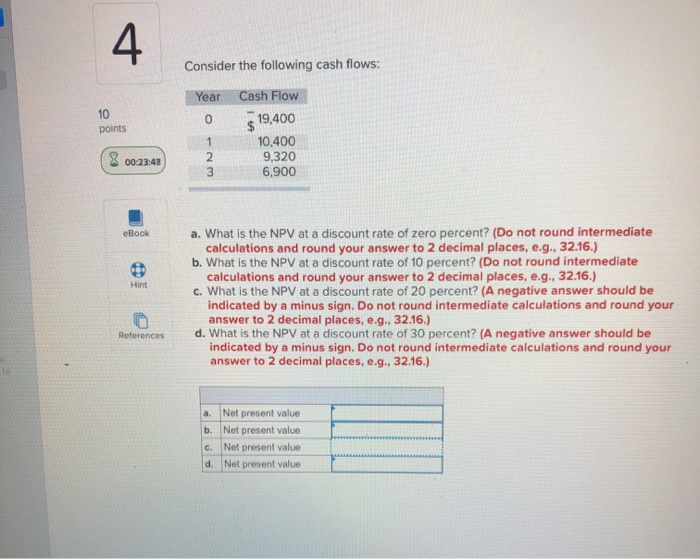  Consider the following cash flows: Year points o-NM Cash Flow 19,400