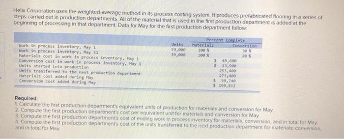  Helix Corporation uses the weighted average method in its process costing