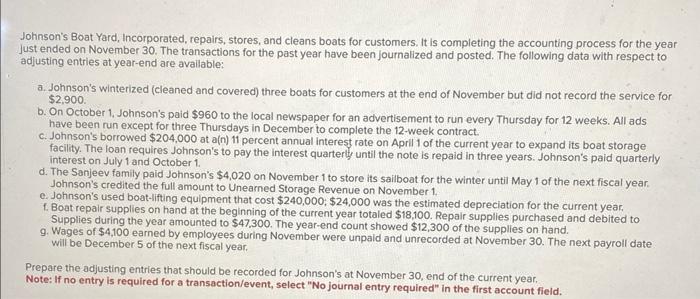 please solve will upvote Johnson's Boat Yard, Incorporated, repairs, stores, and cleans
