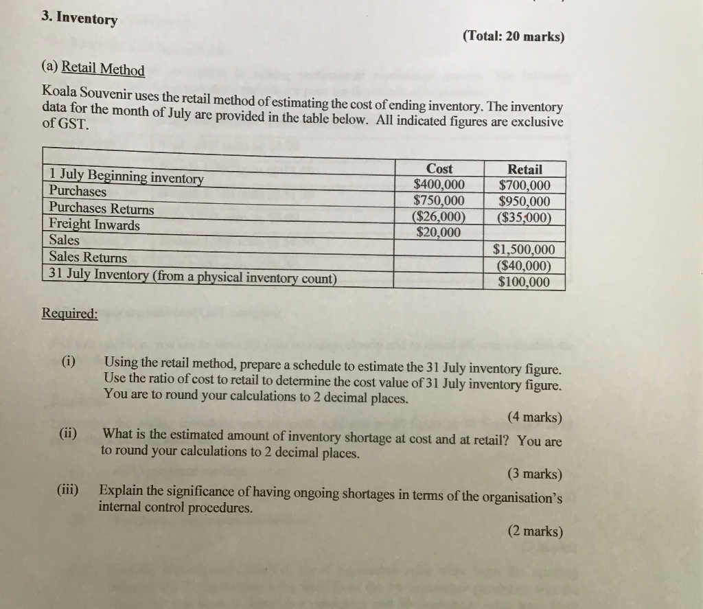  3. Inventory (Total: 20 marks) (a) Retail Method Koala Souvenir uses