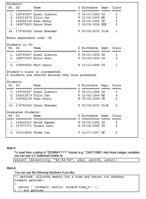 (), store them in a linked list, perform some operations on the