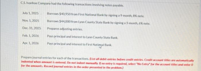  C.S. Ivanhoe Comparry had the following trarkactions irvolving notes parable. Prepare