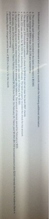 the following information given prepare a bank reconiliation for Ocsars checking account