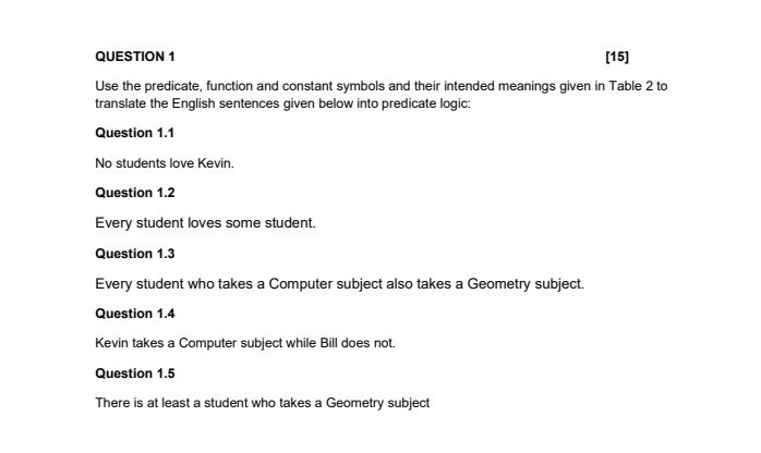 QUESTION 1 [15] Use the predicate, function and constant symbols and