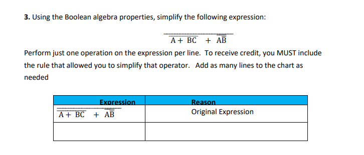  3. Using the Boolean algebra properties, simplify the following expression: +