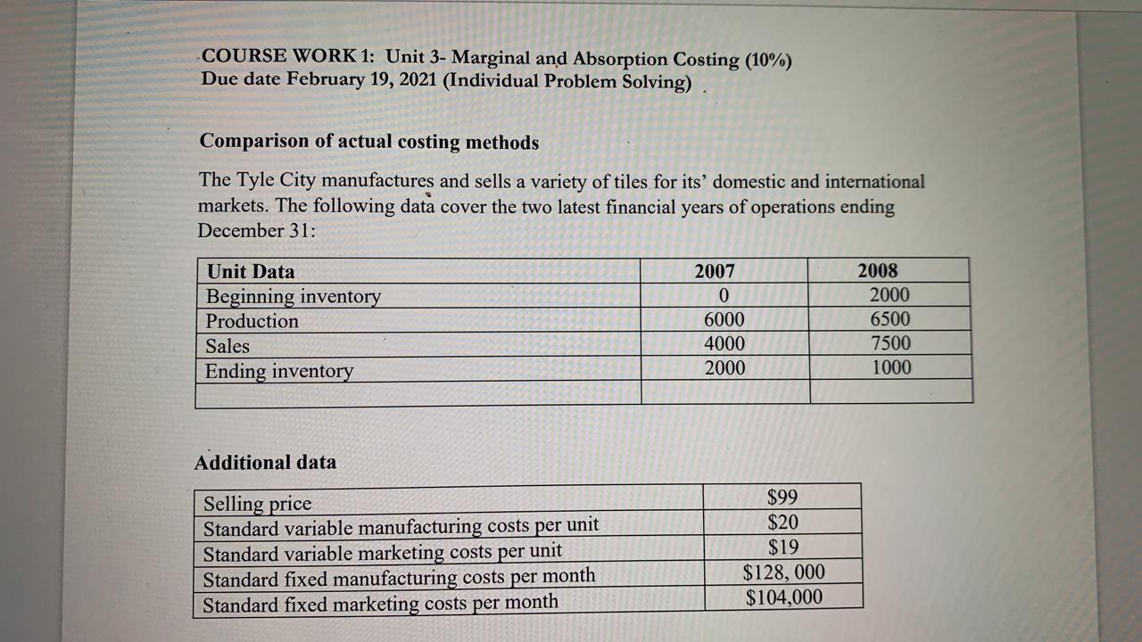 COURSE WORK 1: Unit 3- Marginal and Absorption Costing (10%) Due