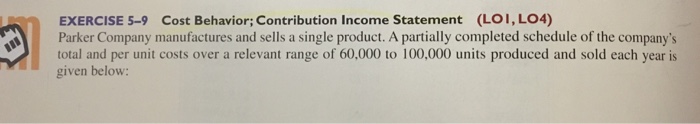  Please help solve EXERCISE 5-9 Cost Behavior; Contribution Income Statement (LOI,LO4)