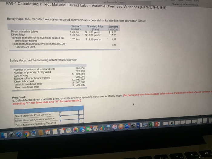  PA9-1 Calculating Direct Material, Direct Labor, Variable Overhead Variances [LO 9-3,