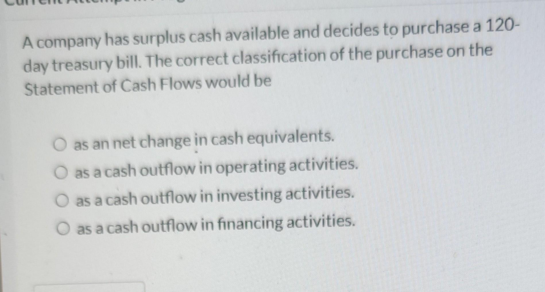 an investing activity on the Statement of Cash Flows? O purchase of