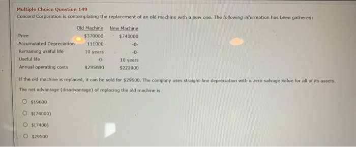  Multiple Choice Question 149 Concord Corporation is contemplating the replacement of