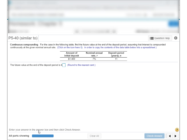  P5-40 (similar to) Question Help Continuous compounding for the case in