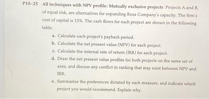  P10-25 All techniques with NPV profile: Mutually exclusive projects Projects A
