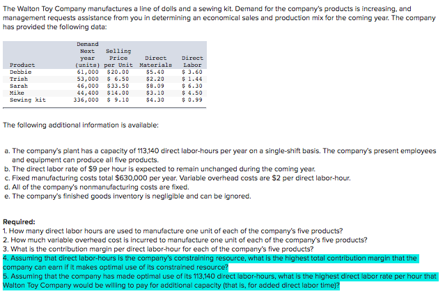 4) Highest Total Contribution Margin? 5) Highest direct labor rate per