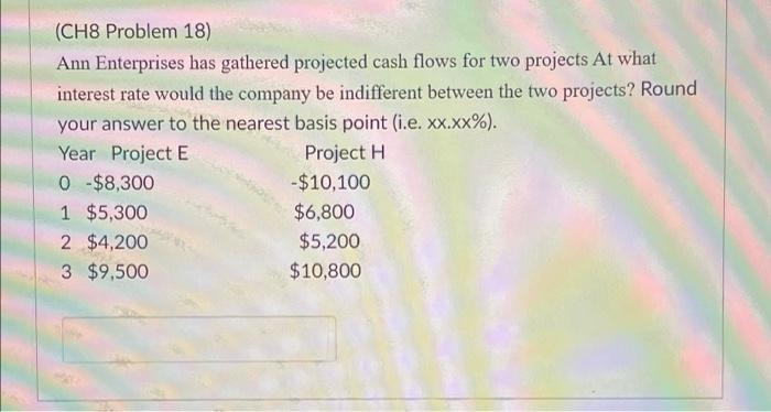  (CH8 Problem 18) Ann Enterprises has gathered projected cash flows for