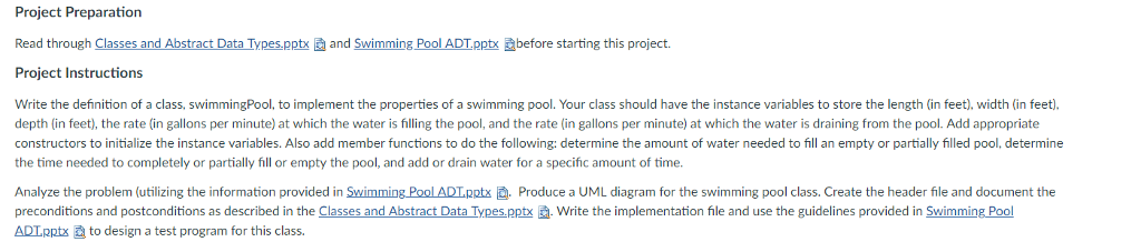In c++ with Header File, Main.cpp SwimmingPool.cpp Project Preparation Read through Classes