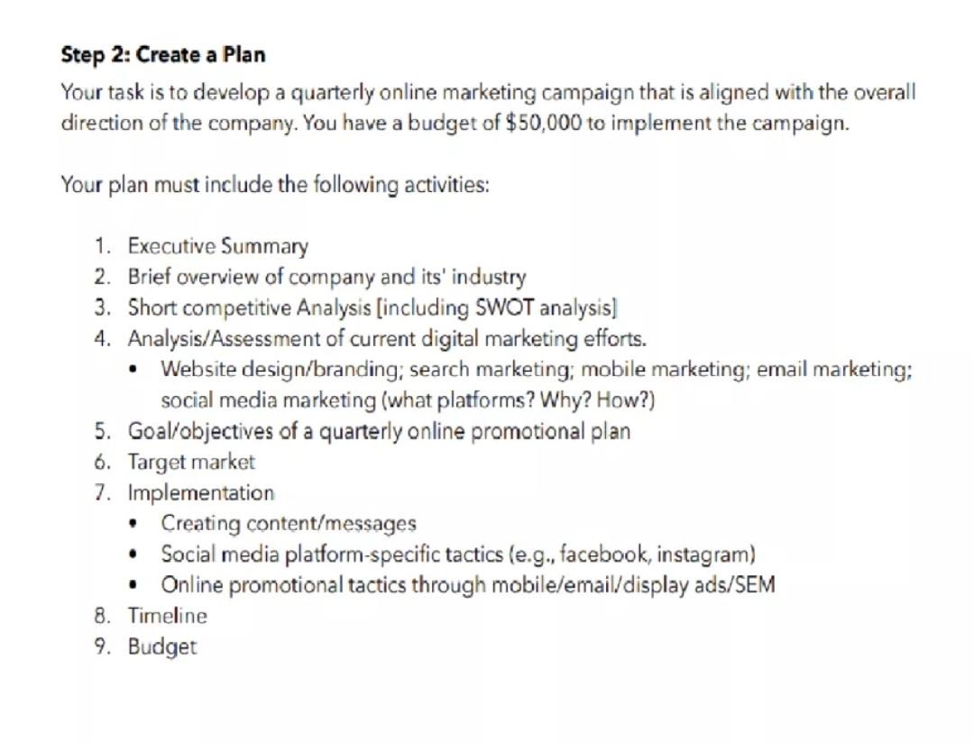 Step 2: Create a Plan Your task is to develop a
