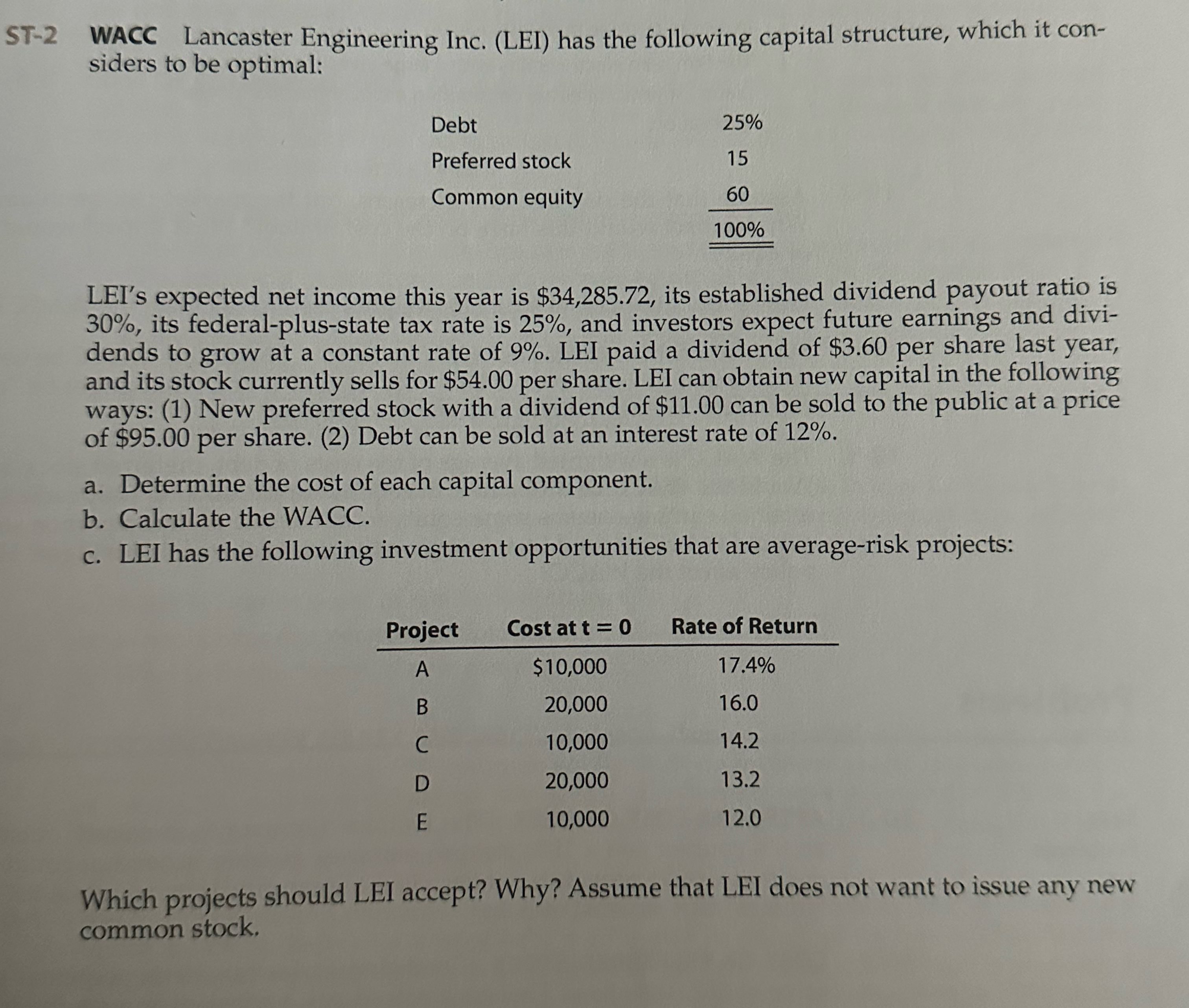  ST-2 WACC Lancaster Engineering Inc. (LEI) has the following capital structure,