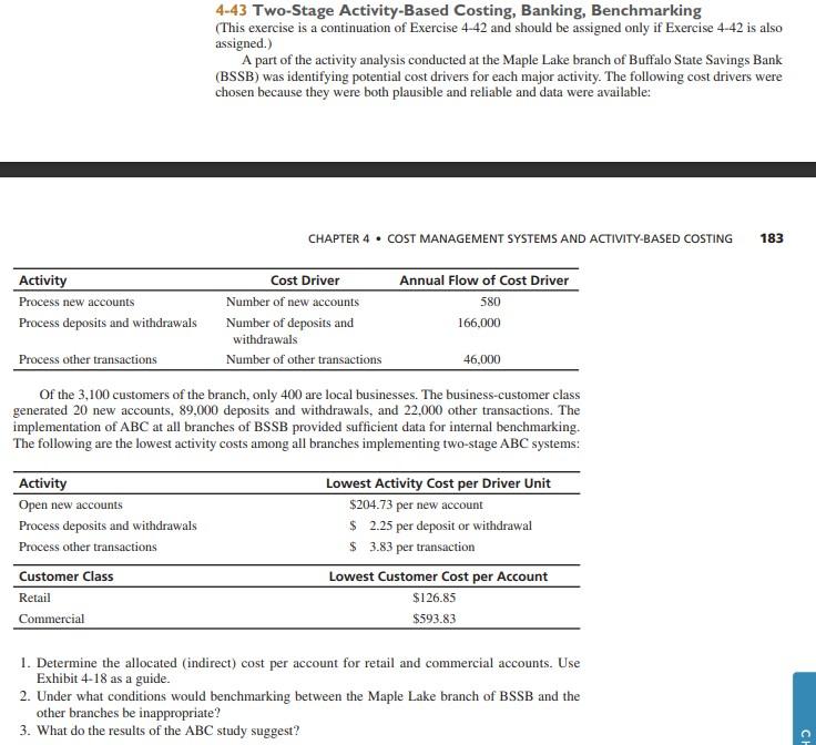 4-43 Two-Stage Activity-Based Costing, Banking, Benchmarking (This exercise is a continuation