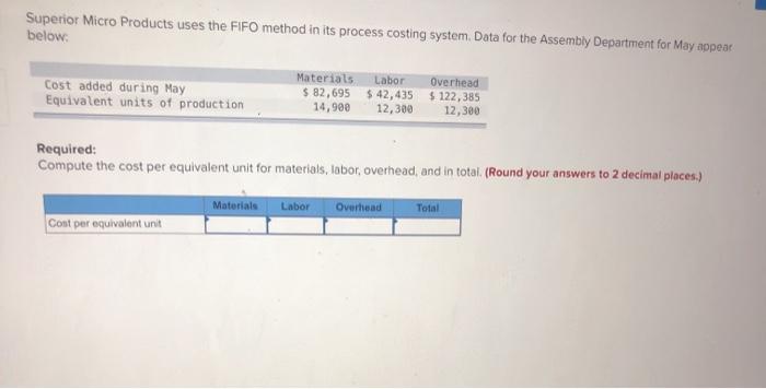  Superior Micro Products uses the FIFO method in its process costing