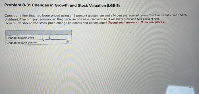  Problem 8-31 Changes in Growth and Stock Valuation (LG8-5) Consider a