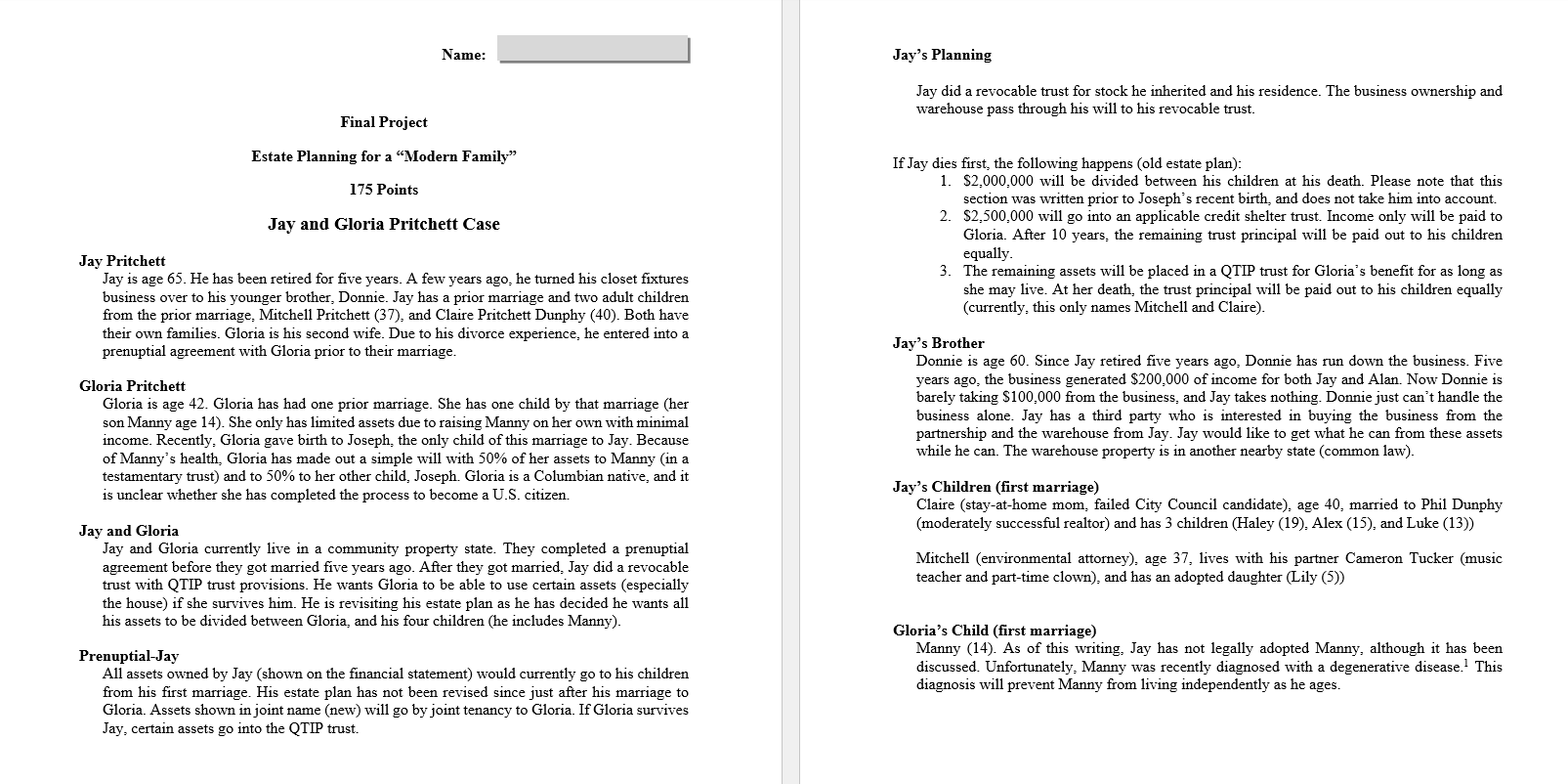  1. CJay Pritchett Jay is age 65. He has been retired