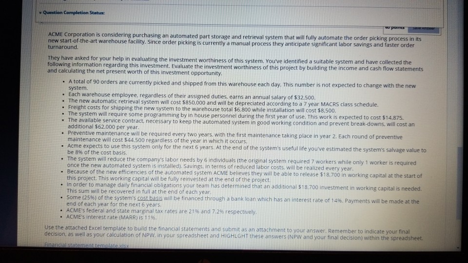  help asap. fill out excel spreadsheet below: Question Completion Status: w